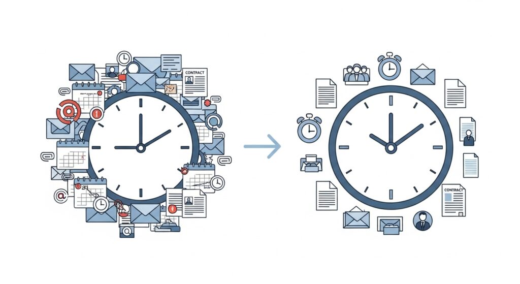Time Savings from Outsourced Procurement and Cost Reduction Illustration showing internal time savings achieved through outsourced procurement and cost reduction services
A professional enterprise illustration representing internal time savings gained by outsourcing procurement and cost reduction activities. The image visually contrasts administrative overload—such as vendor emails, recurring meetings, contract management, and renewal tracking—with a streamlined, efficient workflow that frees internal teams to focus on core operations rather than administrative cleanup.