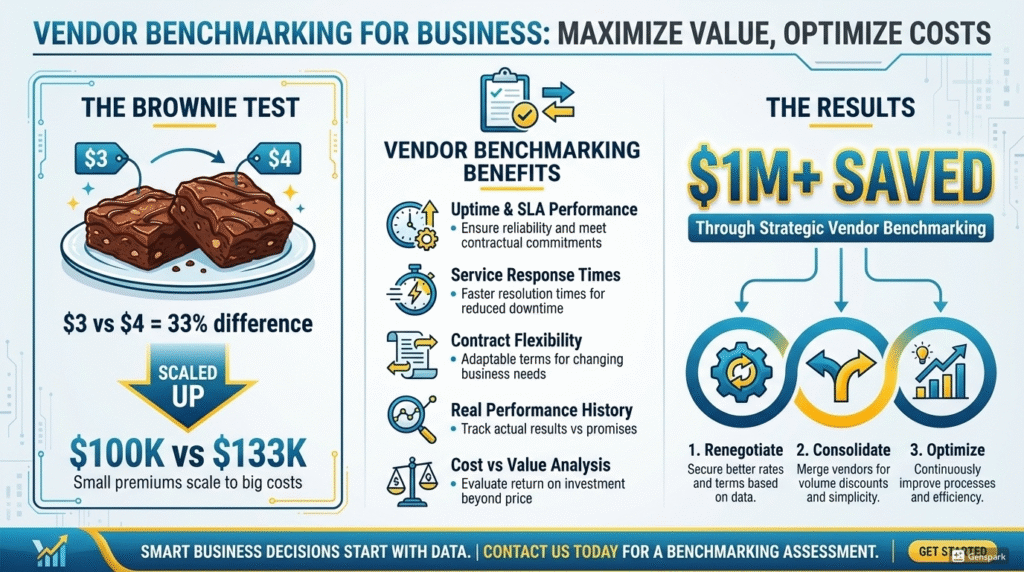 Current image: Vendor benchmarking infographic showing brownie price comparison $3 vs $4 scaled to $100K vs $133K and $1M+ saved through renegotiation, consolidation, and optimization.