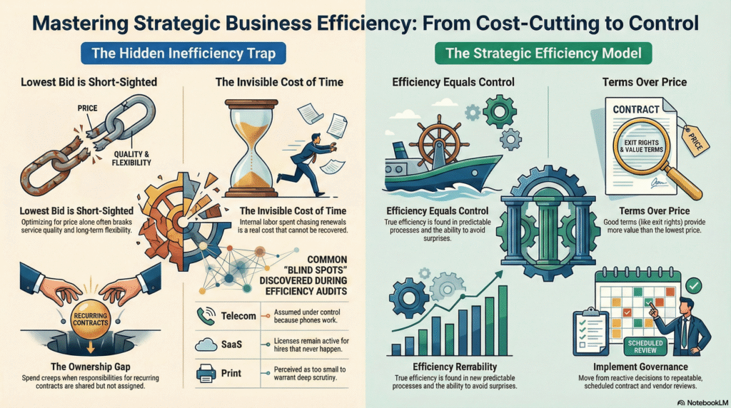 what efficiency means in business showing cost reduction, operational efficiency, and vendor governance